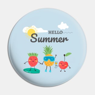 Hello Summer Cool design for summertime. Strawberry, cherry, pineapple with a beach landscape Pin