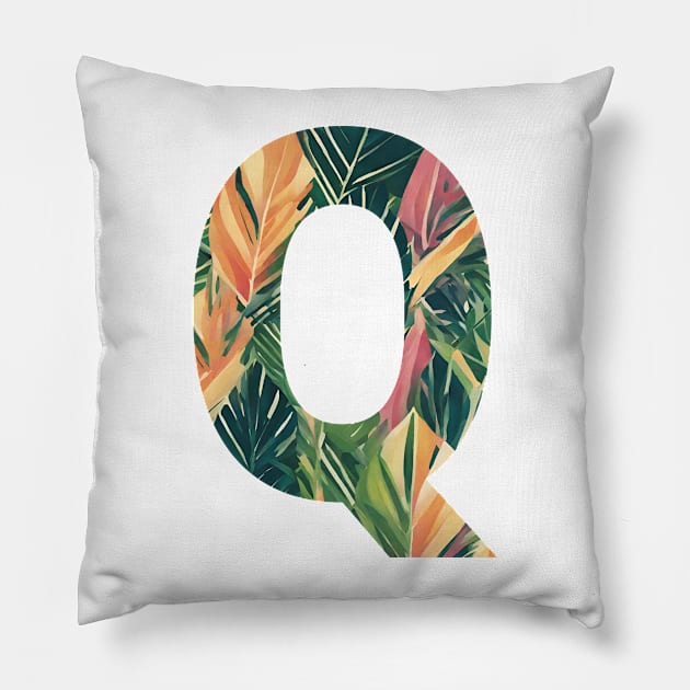 A pattern of vintage tropical leaves filling the letter Q Pillow by Studio468