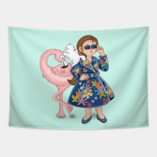 Stylist girl posed with pink flamingo and cat pet Tapestry