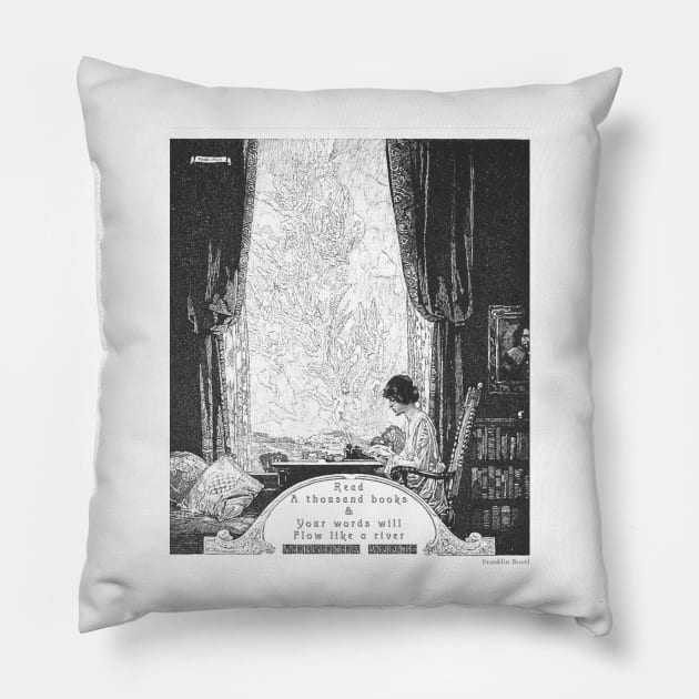 Virginia Woolf Book and Reading Quote Franklin Booth Woman in Library Writing Dark Academia Ink Illustration Pillow by penandbea