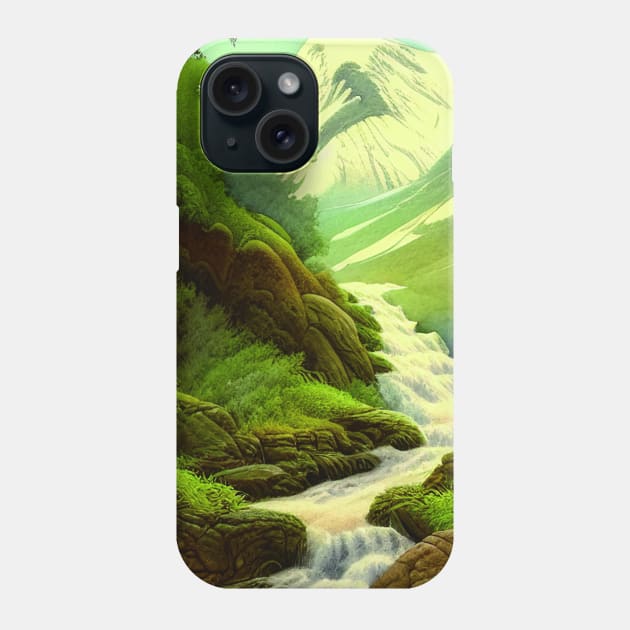 Digital painting of Mountains with Snow and River Phone Case by Promen Art