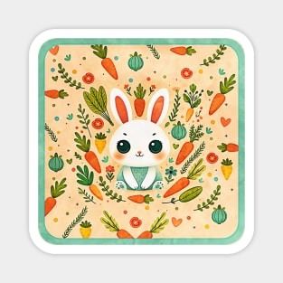 cute rabbit surrounded by flowers, plants and carrots, Scandinavian style Magnet