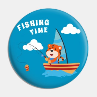 Vector cartoon illustration of cute tiger fishing on sailboat with cartoon style. Pin