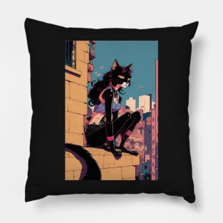 cat lady sitting on the building Pillow