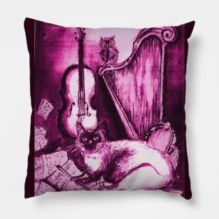 MUSICAL CAT AND OWL WITH MUSIC INSTRUMENTS In Pink Fuchsia Purple White Colors Pillow