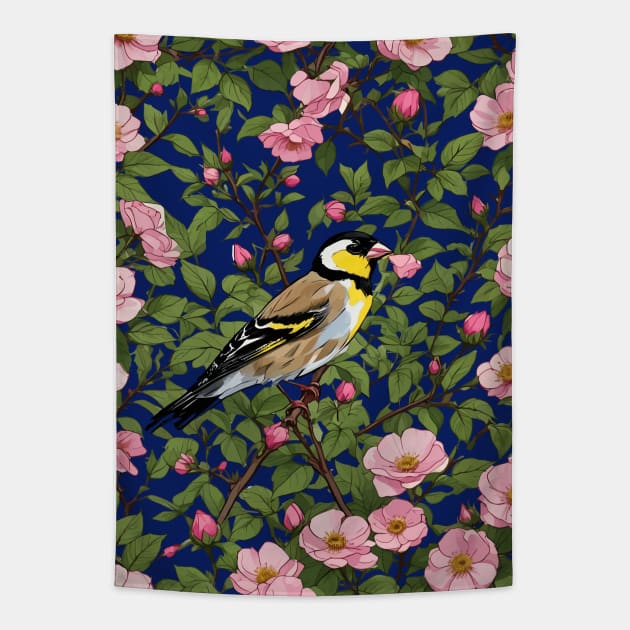 An Eastern Goldfinch Amongst Pink Colored Wild Roses Tapestry by taiche