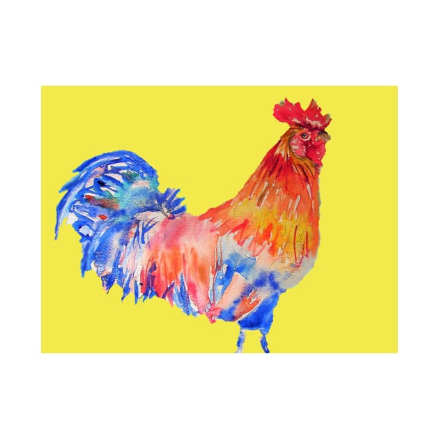 Rooster Chicken Watercolor Painting on Yellow by SarahRajkotwala