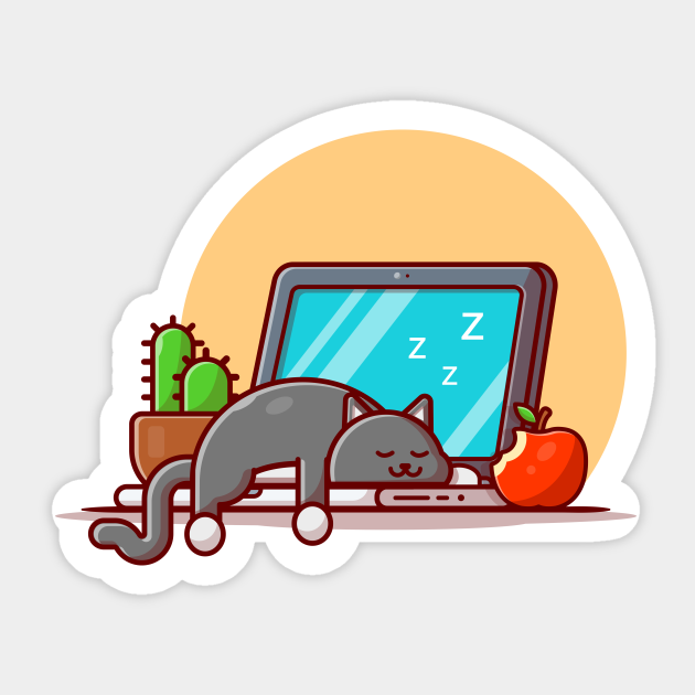 Cute Cat Sleeping On Laptop With Apple And Cactus Cartoon Vector Icon Illustration - Kitten - Sticker