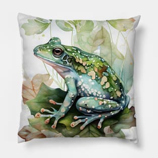 A Green Frog Sitting on a Leaf Watercolor Design Pillow