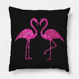 Bright Pink Faux Glitter Flamingos Silhouette Pillow