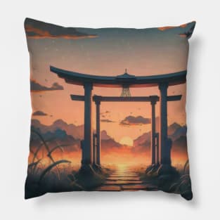 A Japanese Tori Gate view during Sunset - Anime Drawing Pillow