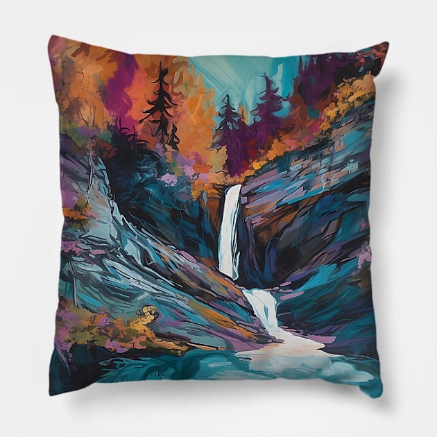 Colorful Ultrafine Detailed Painting Of A Waterfall With Trees Pillow by The Art Mage