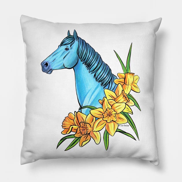 Aquamarine Horse with Daffodil Flowers Pillow by lizstaley