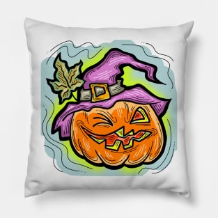 Scary Halloween pumpkin monster face head. Pillow