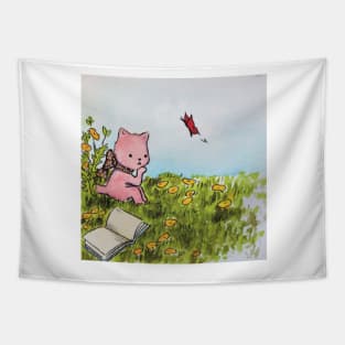 kitten reading in a meadow watercolor illustration Tapestry