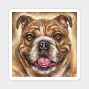 Painting of a White and Brown Bulldog Smiling on Beige Background Magnet