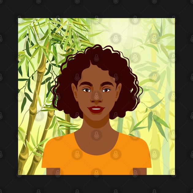 Set of hand drawn young attractive african american women, Landscape of bamboo stems and leaves background. No 2/3 by Modern Art