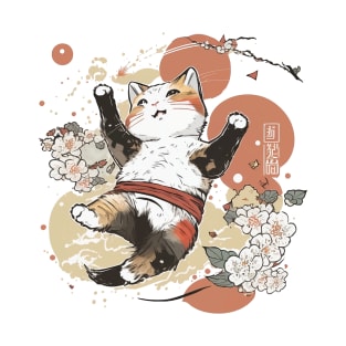 ninja kawaii cat sepia between flowers T-Shirt