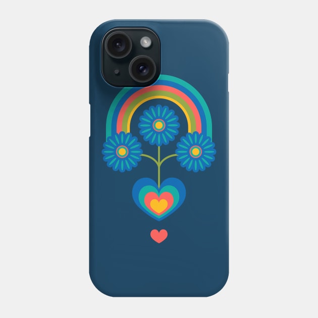 UNDER THE RAINBOW Folk Art Mid-Century Modern Scandi Floral With Flowers and Hearts on Dark Blue - UnBlink Studio by Jackie Tahara Phone Case by UnBlink Studio by Jackie Tahara