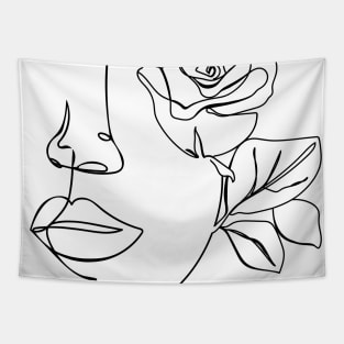 Minimal woman line art. One line woman face with rose flower. Tapestry