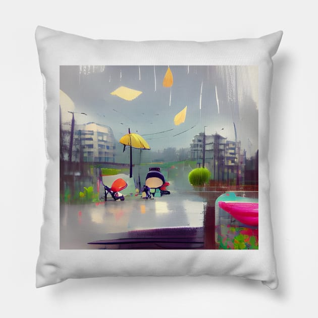 Rainy and Cold Autumn Day in the City Pillow by Mihadom