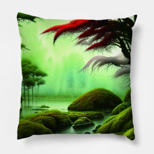 Digital Painting Scene Of a Lake Under A Variety Of Colorful Plants, Amazing Nature Pillow