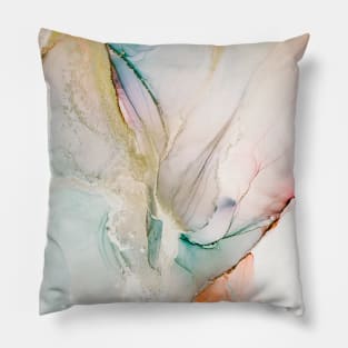 Alcohol ink abstract sparkling green, turquoise, gold. Style incorporates the swirls of marble or the ripples of agate. Pillow