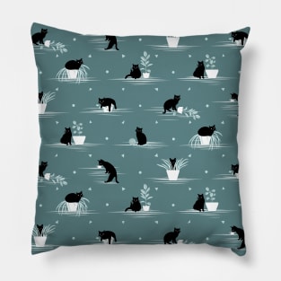 When the Black Cat is Alone at Home (Light Green) Pillow