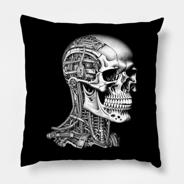 Skull Robot Cyberpunk Sci-Fi Cyborg Pillow by Cosmic Dust Art