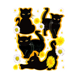 Black Cat silhouette gold shadow wildflowers feelings pattern black cats  among dandelions And daisies floral bright flowers of spring and summer T-Shirt