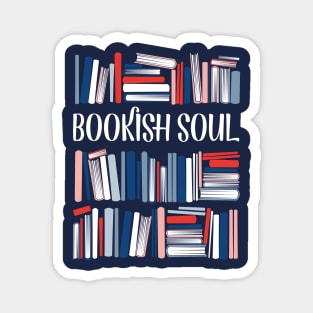 Bookish soul // oxford navy blue bookshelf background neon red flesh coral white classic and pastel blue books Magnet