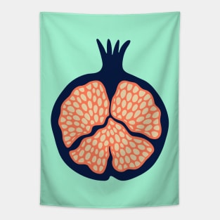 POMEGRANATE Fresh Plump Ripe Tropical Fruit in Dark Blue with Orange Seeds - UnBlink Studio by Jackie Tahara Tapestry