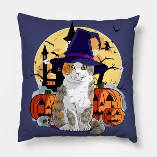 Scottish Fold Cat Funny Halloween Witch Pumpkin Pillow