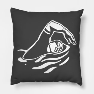 Swimming freestyle. Stylized, Minimalist art for swimmers. White ink Pillow