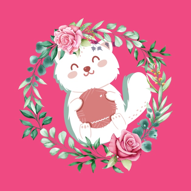 Cute Cat With Flowers and pink background by AwesomeDesignArt