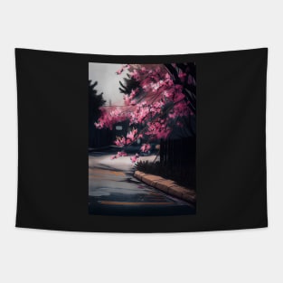 Whispering Blossoms: Cherry Tree by the Road Tapestry