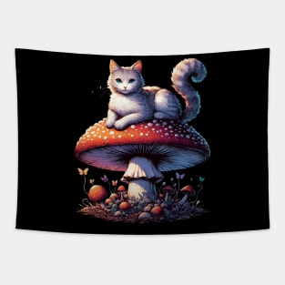 Funny Vintage White Cat in Mushroom Garden Tapestry