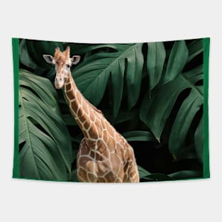 Long Necked Giraffe Surrounded by Green Leaves Tapestry