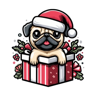 Pug In Present Dog Christmas Festive Santa Hat T-Shirt