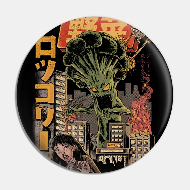 The Broccozilla Black - Broccoli Attack Pin by Ilustrata