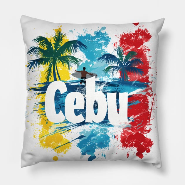 Philippines Cebu Vibes - Colourful palm trees and surfer graphics Pillow by MLArtifex