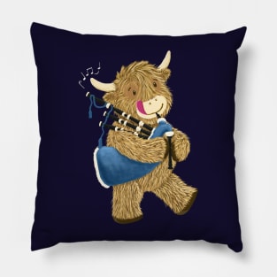 Wee Hamish The Happy Scottish Highland Cow Playing Bagpipes Pillow