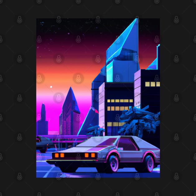 Retrofuturistic cyberpunk  car in synthwave city by SJG-digital