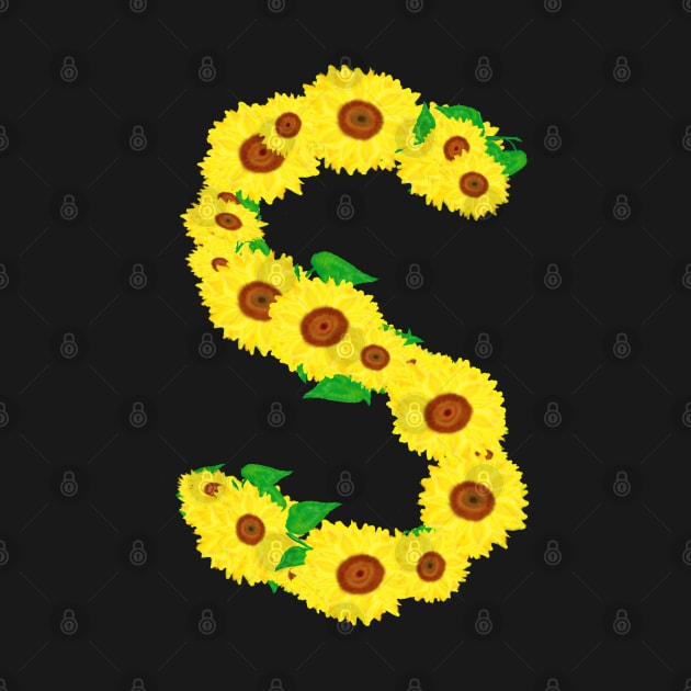 Sunflowers Initial Letter S (Black Background) by Art By LM Designs 