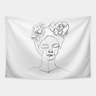 Minimalist Woman with Peony - Abstract Line Art Portrait with Flowers Tapestry