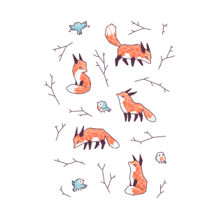 Fox and Bird Pattern T-Shirt