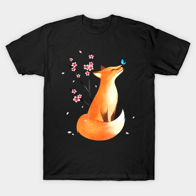 Fox Japanese Cherry Blossom Flower Vintage - Fox - T-Shirt