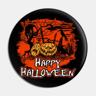 Happy Halloween Graveyard Pumpkins Cat and Crows Pin