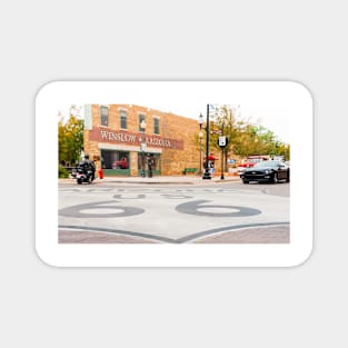 Route 66 sign on road in Winslow Arizona Magnet