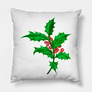 Holly Branches with Red Berries Green Pillow